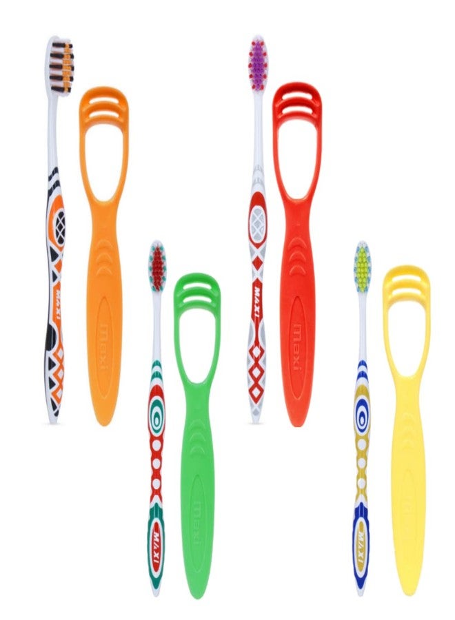 MAXI Style soft Bristles Manual Toothbrush with Tongue Cleaner,Oral Hygiene Kit, Multicolor (Pack of 4) - Image 1